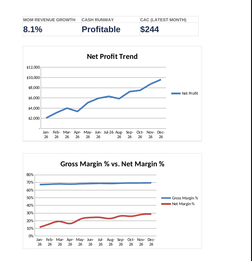 Net profit trend chart and gross margin versus net margin trend chart from the KPI dashboard