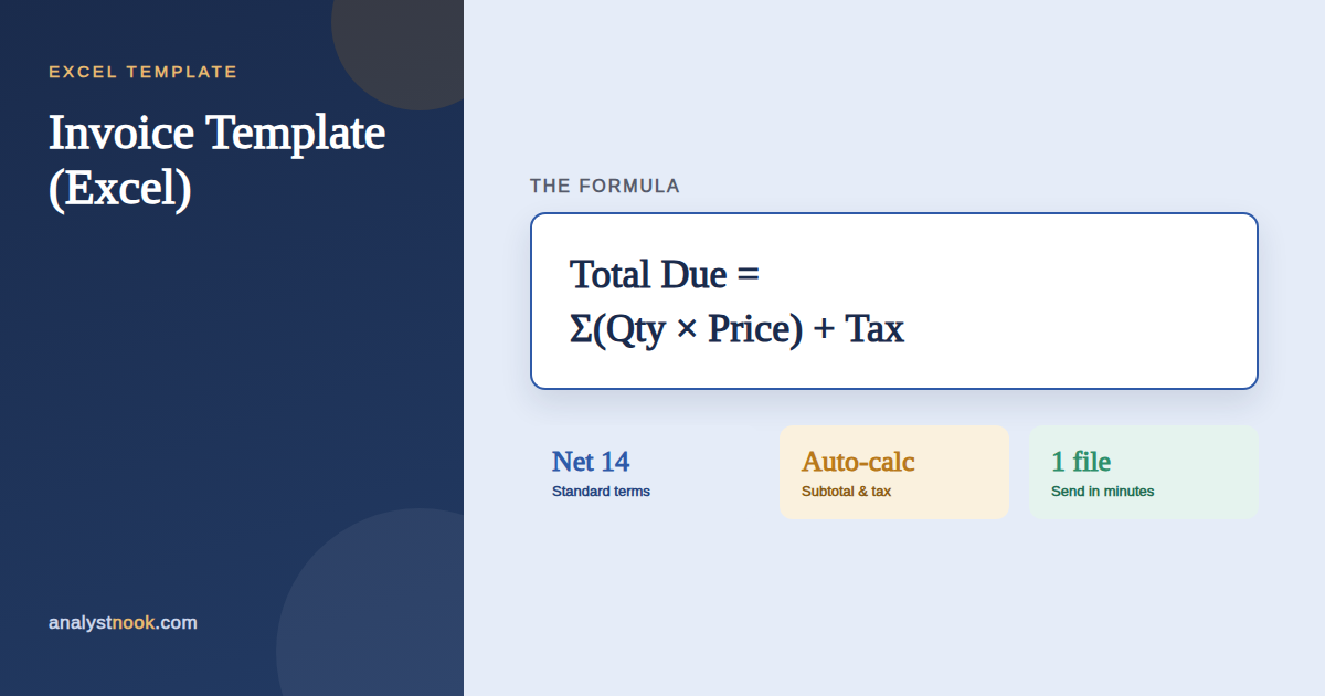Excel invoice template diagram showing total due equals sum of line item amounts plus tax